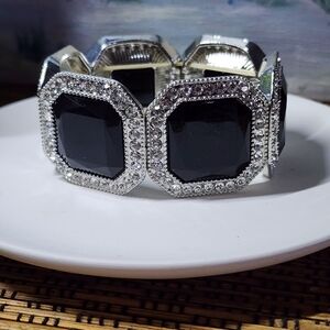 Statement Bracelet Silver and Black Stretch